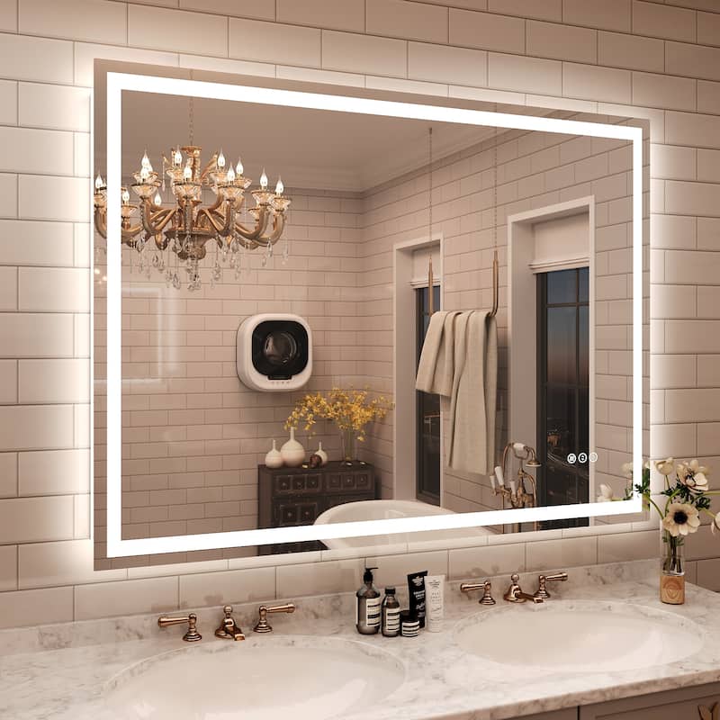 Frameless LED Front Light and Backlit 3 Colors Dimmable Anti-Fog Wall Bathroom Vanity Mirror - 48" x 36"-Square Corner