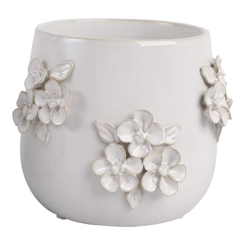 Ceramic Planter with Raised Floral Detailing and Glossy Texture - 7" x 7" x 6"