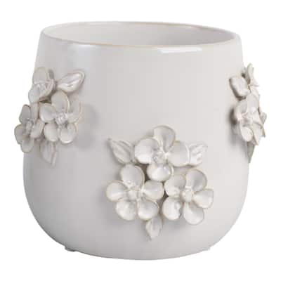 Ceramic Planter with Raised Floral Detailing and Glossy Texture