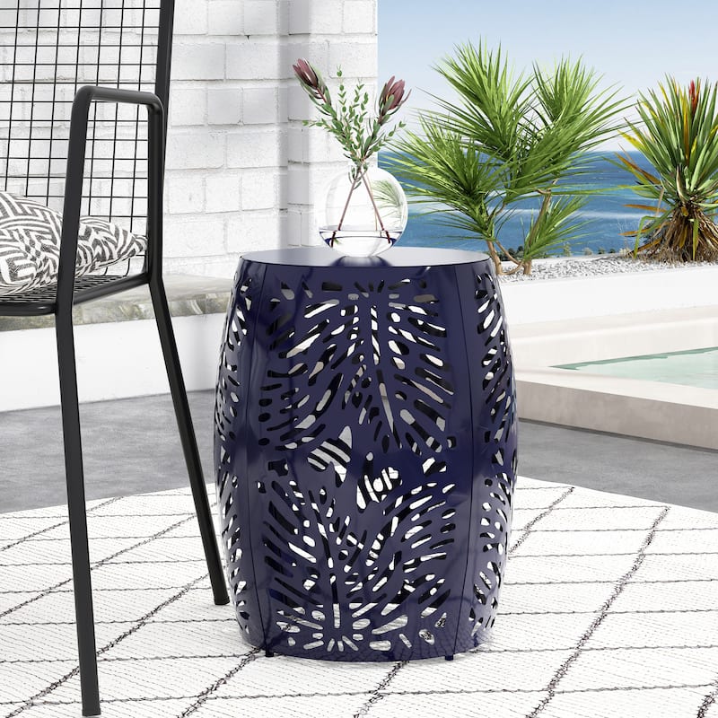 Steel Patio End Table, Round Side Table with Hollow Drum Design,Accent Table for Outdoor and Indoor Use - Blue