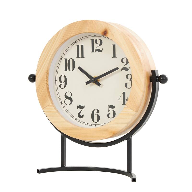 Light Brown Wood Decorative Clock with Curved Black Metal Stand and Ball Details