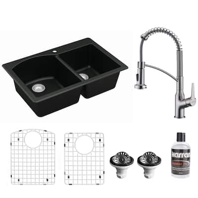Karran All in One Drop-In Quartz 33 in. Double Bowl 60/40 Kitchen Sink in Black with KKF210 Faucet in Stainless Steel