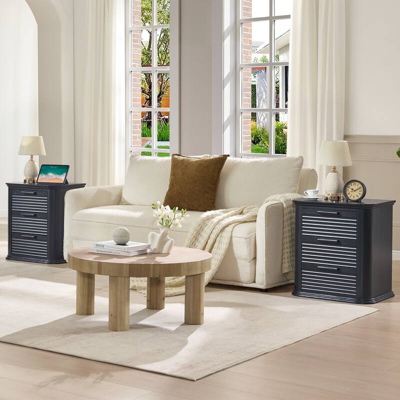 22" Wide Fluted Nightstand with Charging Station, Modern End Table, Wood 3 Drawer Dresser, Large Bedside Tables