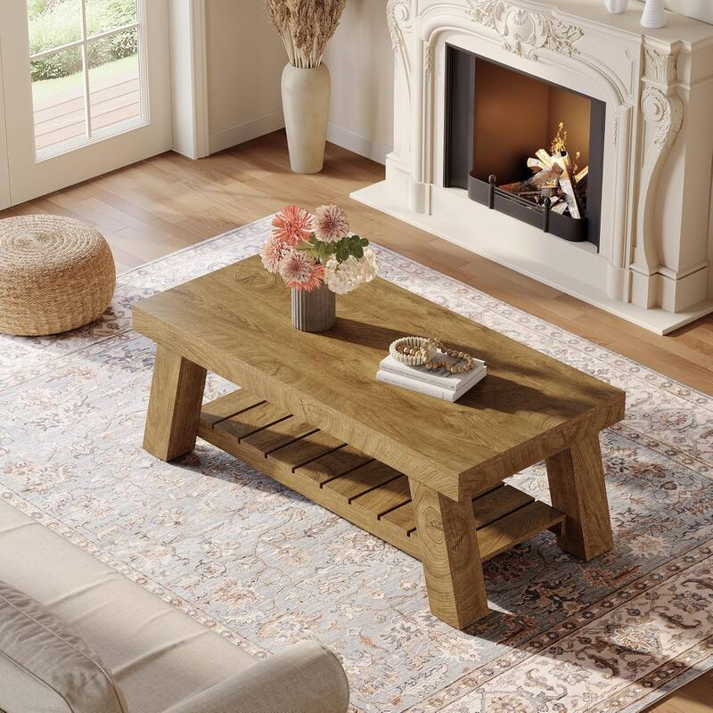 2-Tier Farmhouse Wood Rectangular Coffee Table, Rectangular Center Tables for Living Room, Apartment, Home