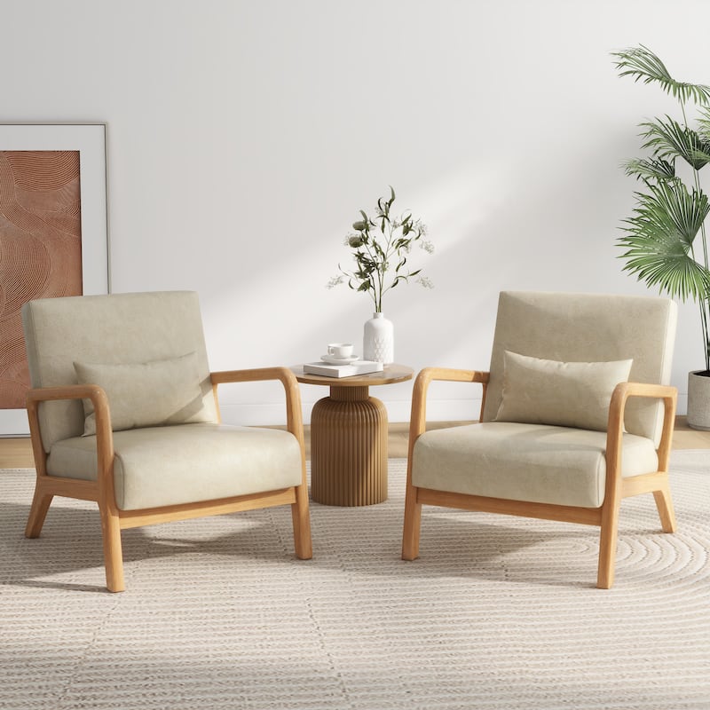 2 Set Mid Century ModernUpholstered Accent Chairs Armchair with Pillow - Natural Wood - Cream&PU