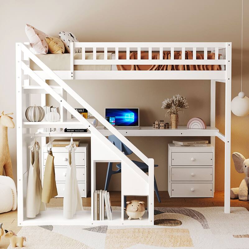 Roomfitters Twin/Full Size Loft Bed with Desk, Two Chests of Storage Drawers and Lighting - White - Twin