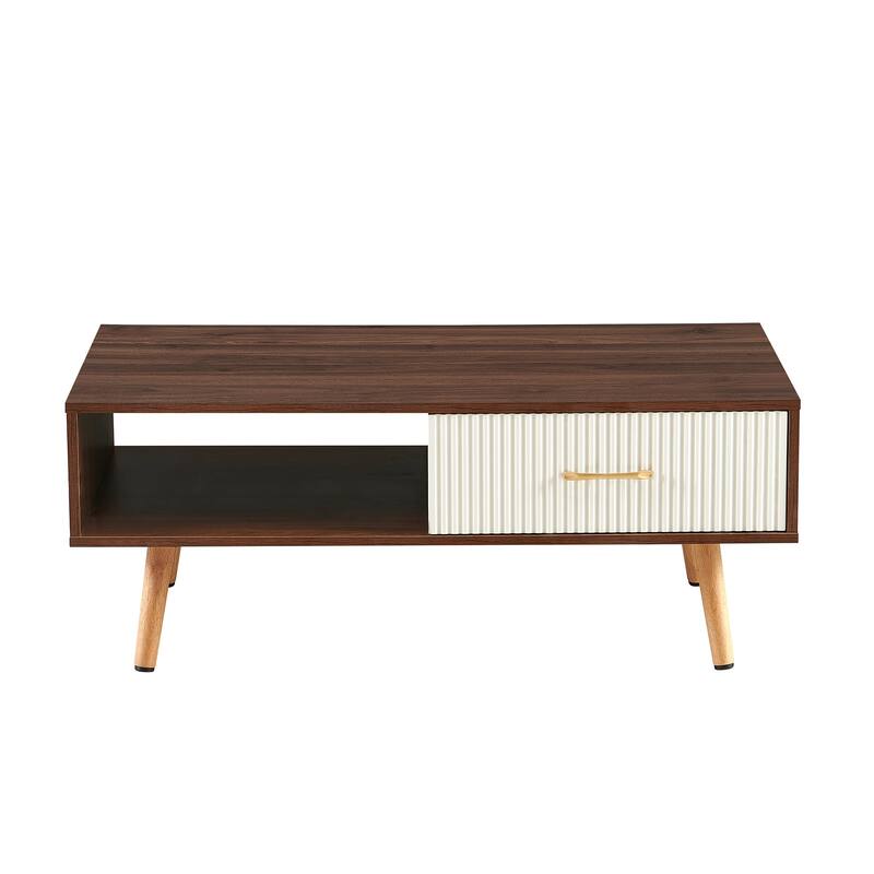 Modern Coffee Table with Drawer for Living Room,Solid Wood Legs - Walnut