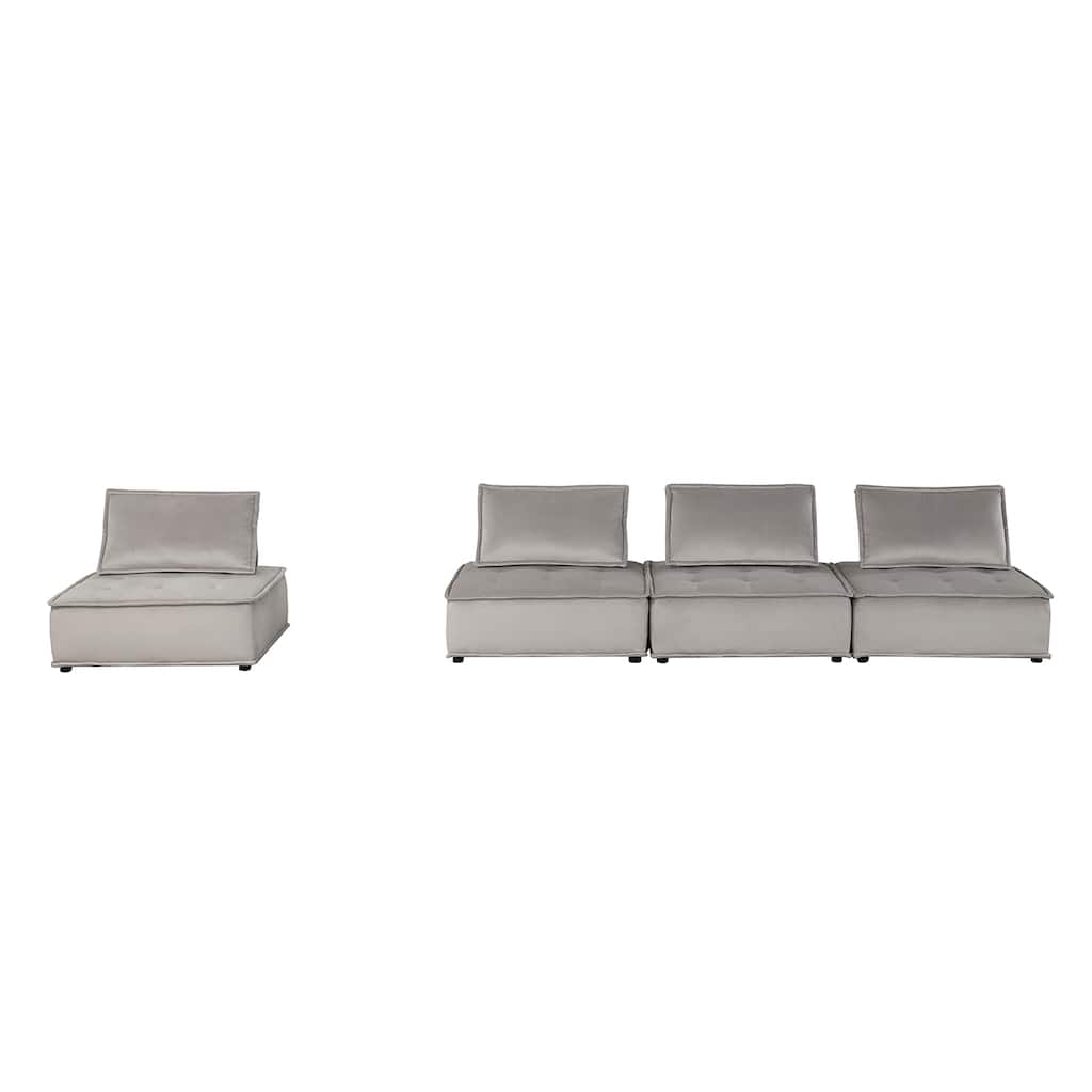 4 Piece Velvet Modular Sofa Set with Tufted Seat Design in Gray