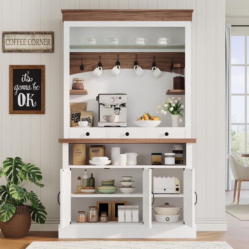 Coffee Bar Cabinet with LED Light, 72" Tall Farmhouse Coffee Bar Hutch with Storage