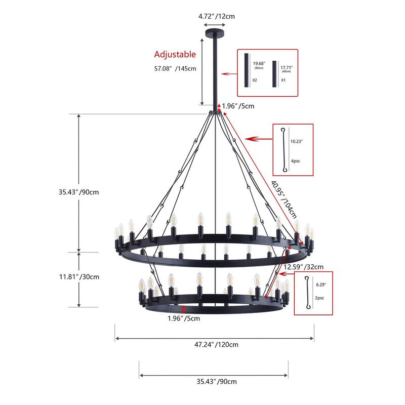 Industrial 2-Tier Candle Style Black 40-Light Wagon Wheel Chandelier