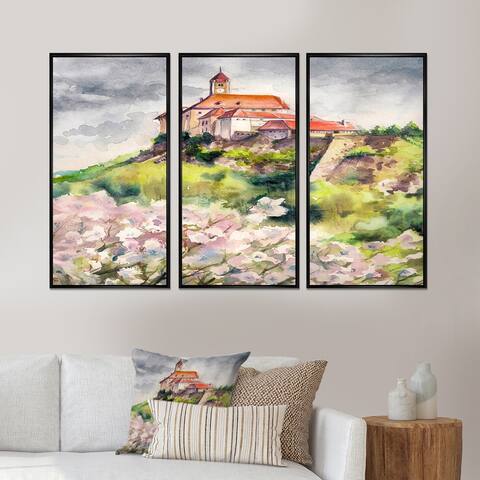 Designart "Castle On A Green Mountain" French Country Framed Art Set of 3 - 4 Colors of Frames