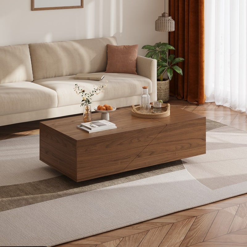 47" Modern Mid-Century Lift Top Trunk Coffee Table with Divided Storage, Dual-Zone Design for Living Room