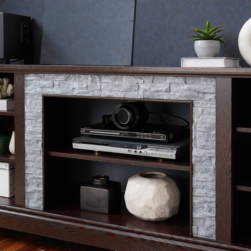 70 Inch TV Stand for TVs up to 75 Inch, Media Console with Faux Stacked Stone Surround, Storage Cabinet & Cable Management