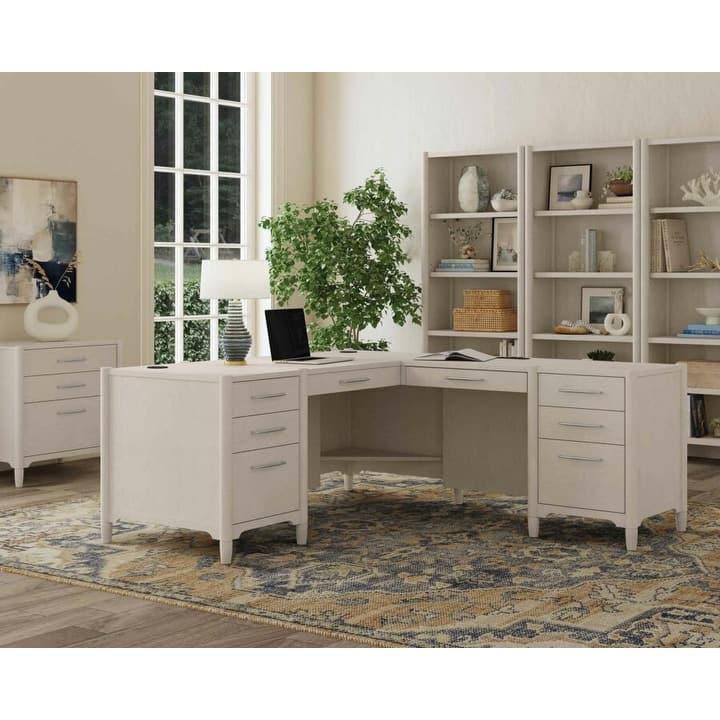 Executive Wood Double Pedestal L-Desk, Corner Table, Office Storage, White