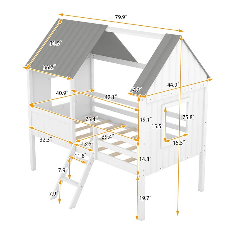 Twin Size Low Loft Wood House bed with Two Side Windows (White+Gray）