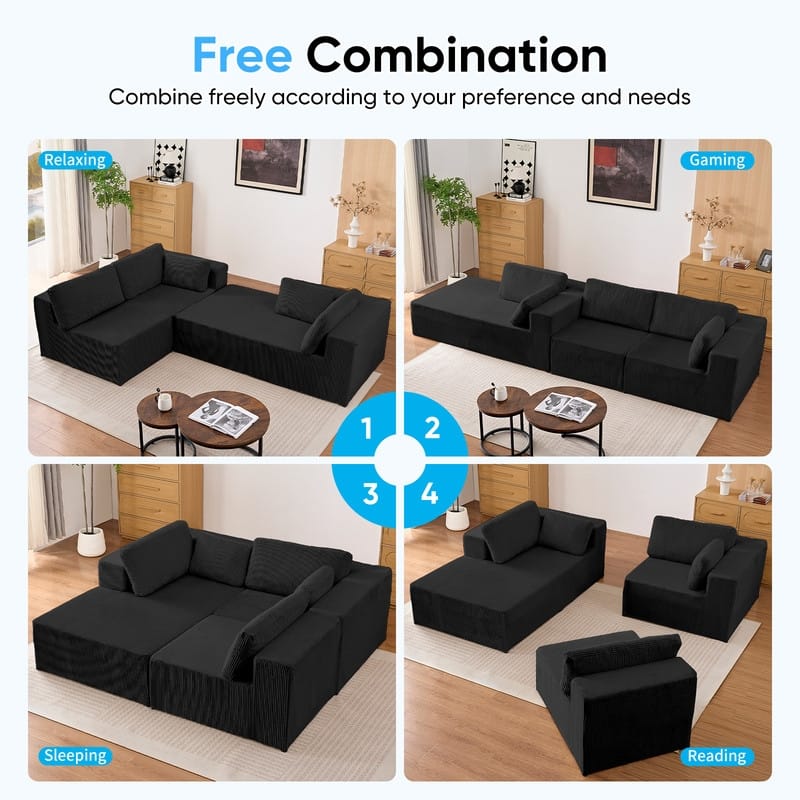 Mixoy 3-Pcs Free Combination Modular Sectional Sofas,Corduroy Compressed L-Shaped Sofa with Flexible Configuration - 3-Seater