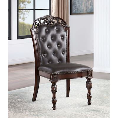 Traditional Set of 2pcs Side Chairs Brown Cherry Solid wood Espresso Leatherette Tufted Formal Dining Room