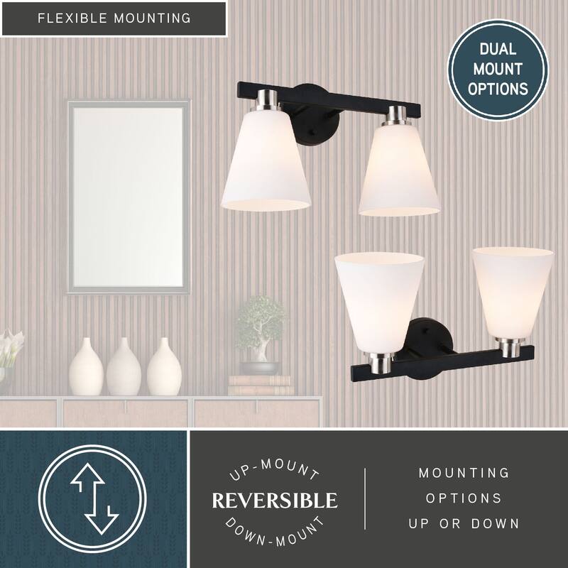 Vermont Matte Black and Nickel Bathroom Vanity Wall Sconce Light Fixture White Glass