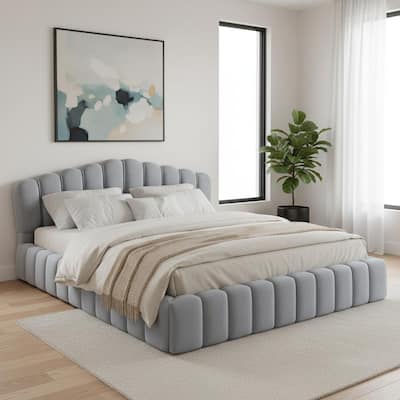 HomeRoots Light Blue Tufted Velvet Upholstered Queen Bed Frame