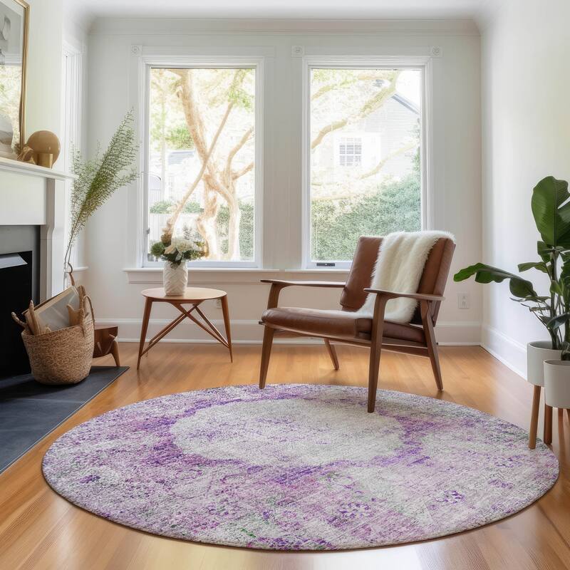 Premium Washable Super Soft Distressed Traditional Mayfield Rug - Purple - 8' x 8' - Round
