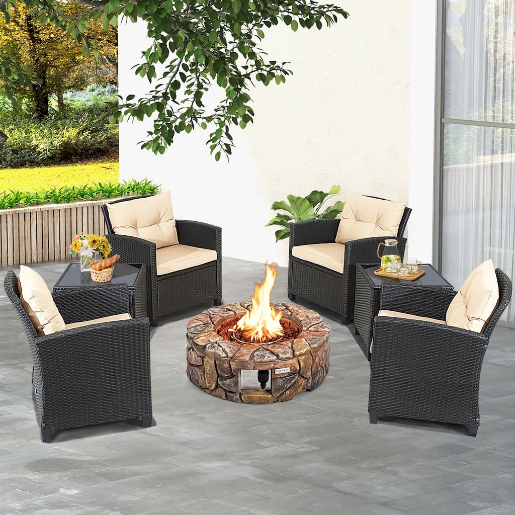 Costway 7PCS Patio Rattan Wicker Furniture Set Gas Fire Pit Table Sofa - See Details