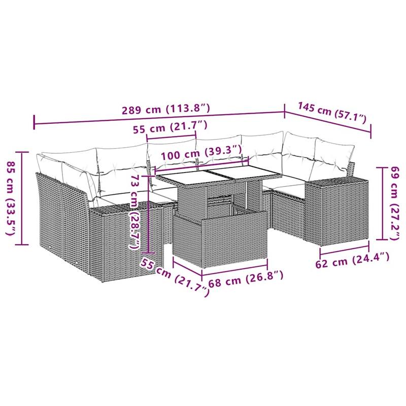 vidaXL Patio Sofa Set with Cushions Table and Couches 8 Piece Poly Rattan - 24.4 x 24.4 x 27.2