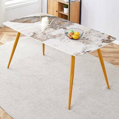 Modern Minimalist Dining Table. White Imitation Marble Pattern Sintered Stone Desktop With Golden Metal Legs.62.2"*34.6"*30"