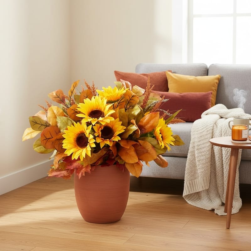 Rustic Drop-In Arrangement with Sunflowers and Seasonal Foliage