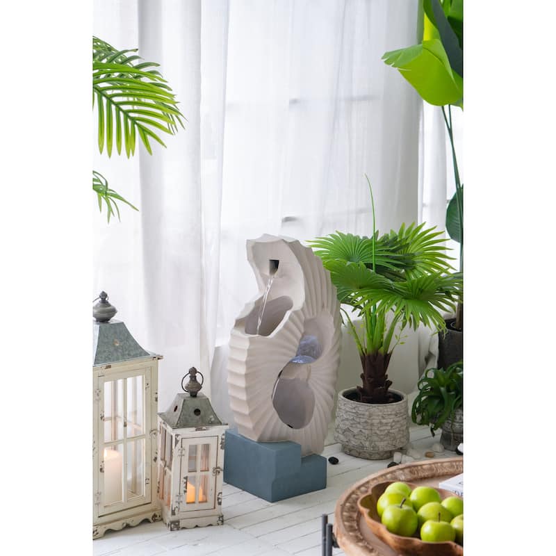 16.9x10.2x31.9" White Abstract Water Fountain with Blue Base with Light, for Indoor and Outdoor