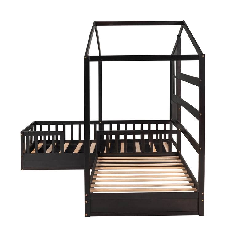 L-Shaped Twin Size Wood Platform Bed Creativity House Bed, 2 Twin Solid Bed with Fence and Slatted Frame