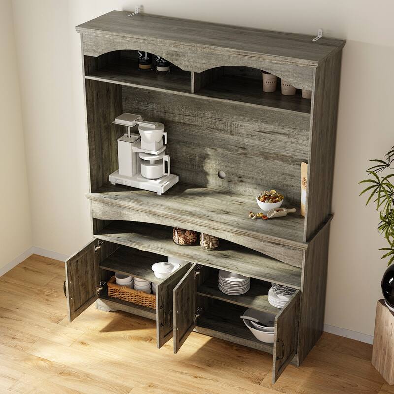 Coffee Bar Cabinet with Hutch and Storage Shelves Rustic Buffet Cabinet with 4 Doors for Kitchen or Dining Room