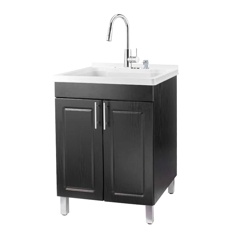 TEHILA Black Utility Sink Cabinet, High Arc Faucet, Soap Dispenser - Chrome
