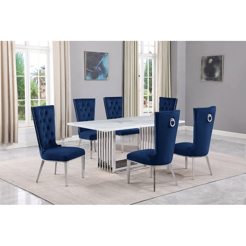 Best Quality Furniture D310/1-SC330-7 Dining Set with 68" White Marble Top - 7-Piece - Navy Blue / Silver