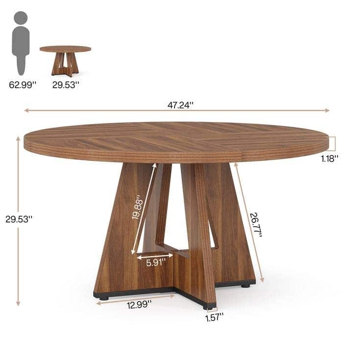Farmhouse Retro Oak Round 47 Inch Wooden Kitchen Dining Table for 4 People - 47.25"D x 47.25"W x 29.5"H