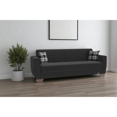 HomeRoots 84" Black Chenille Convertible Futon Sleeper Sofa And Toss Pillows With Storage