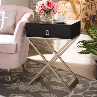 Modern Black Nightstand with Drawer - Wood & Metal Bedside Table, Contemporary Accent Furniture