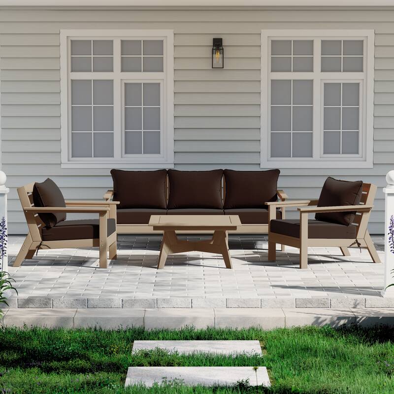Birchwood All Weather HDPE Outdoor Patio Weathered Wood Deep Conversation Set (6-Piece Set) - Weathered Wood/Brown