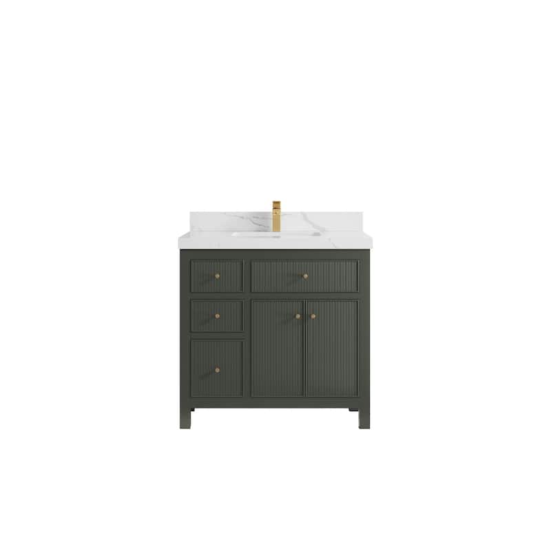 Willow Collections 36 in W x 22 in D Sonoma Center Sink Free Standing Reeded Bathroom Vanity with Countertop - 2" Calacatta Laza - Pewter Green