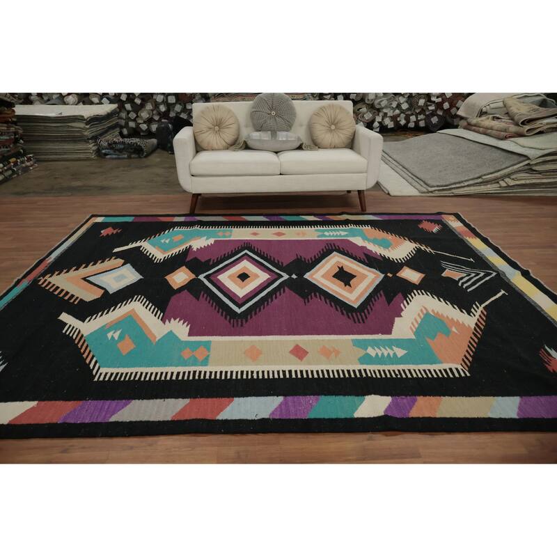 Hand Woven Oriental 100% Wool Carpet Southwestern Tribal Black Kilim Area Rug - 9' 10'' X 8' 4''