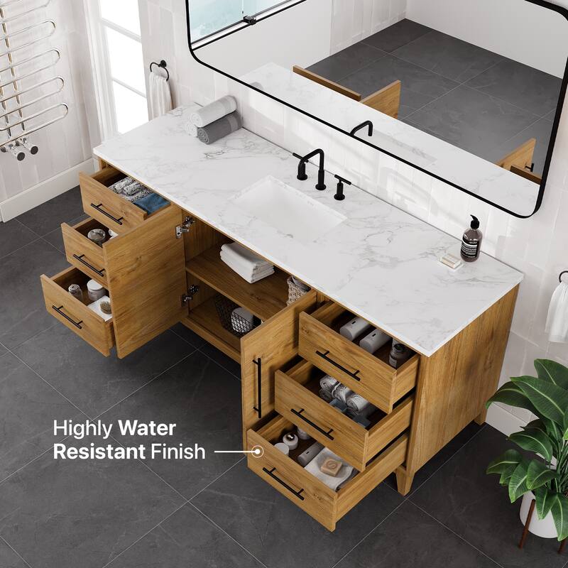 Graham 60"W Oak SS Bath Vanity with WH Arabescato Engineered Stone Top