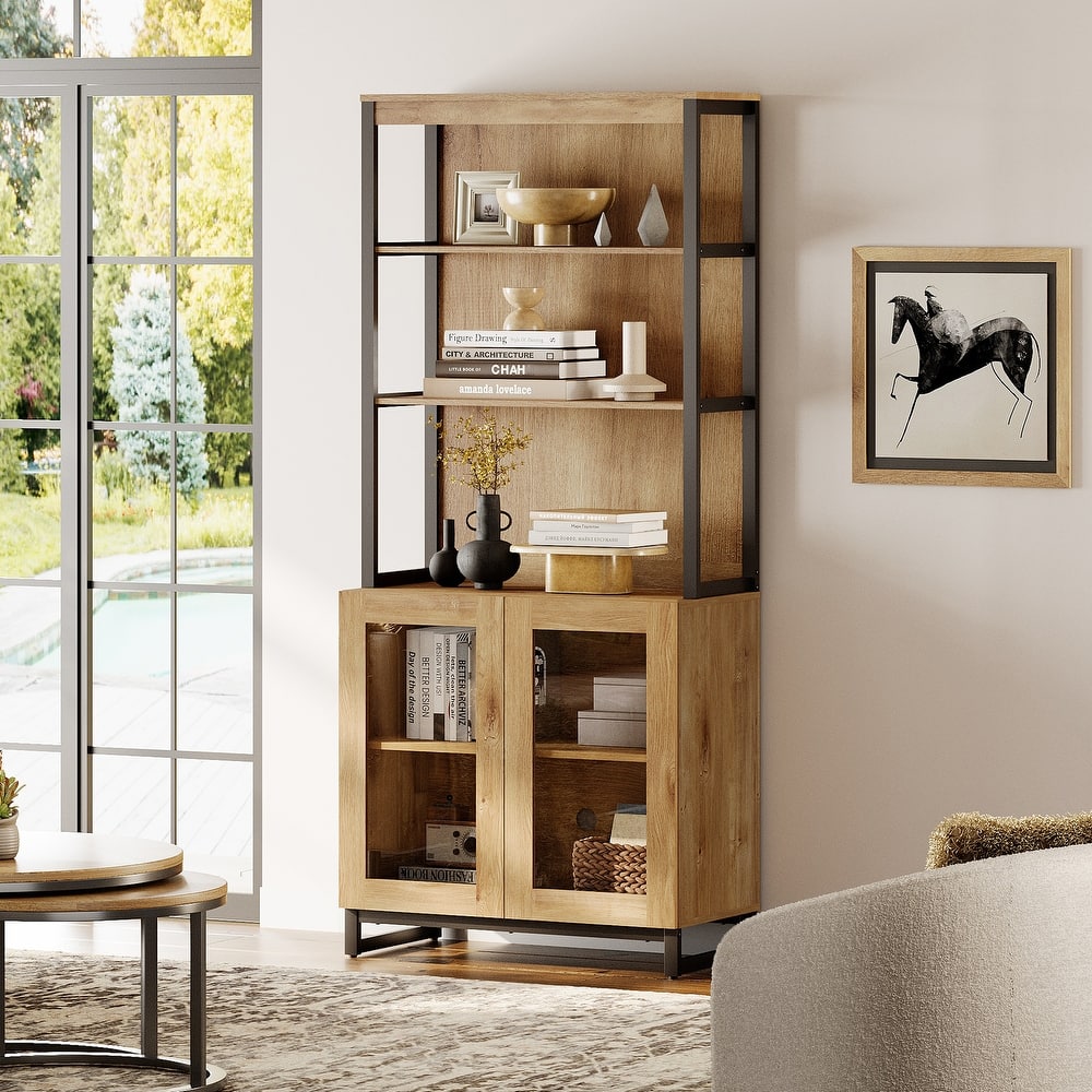 Modern 72" Tall Bookcase with Glass Doors and Adjustable Shelves for Home Office, Living room.