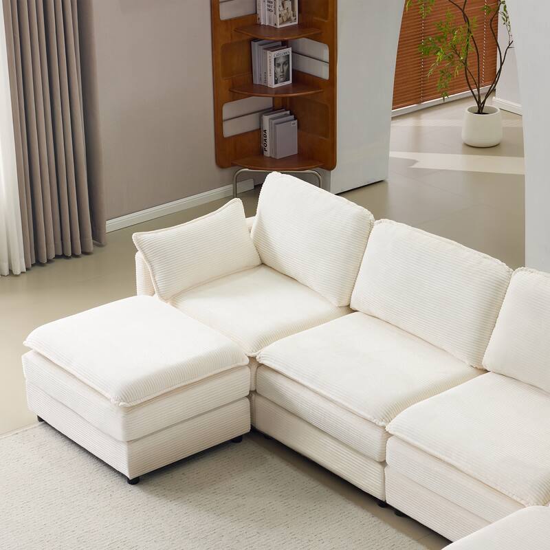 U-Shaped Modular Sectional Sofa with 2 Ottomans, Oversized Corduroy Upholstered Cloud Sofa, 4-Seater Sofa with 2 Throw Pillows