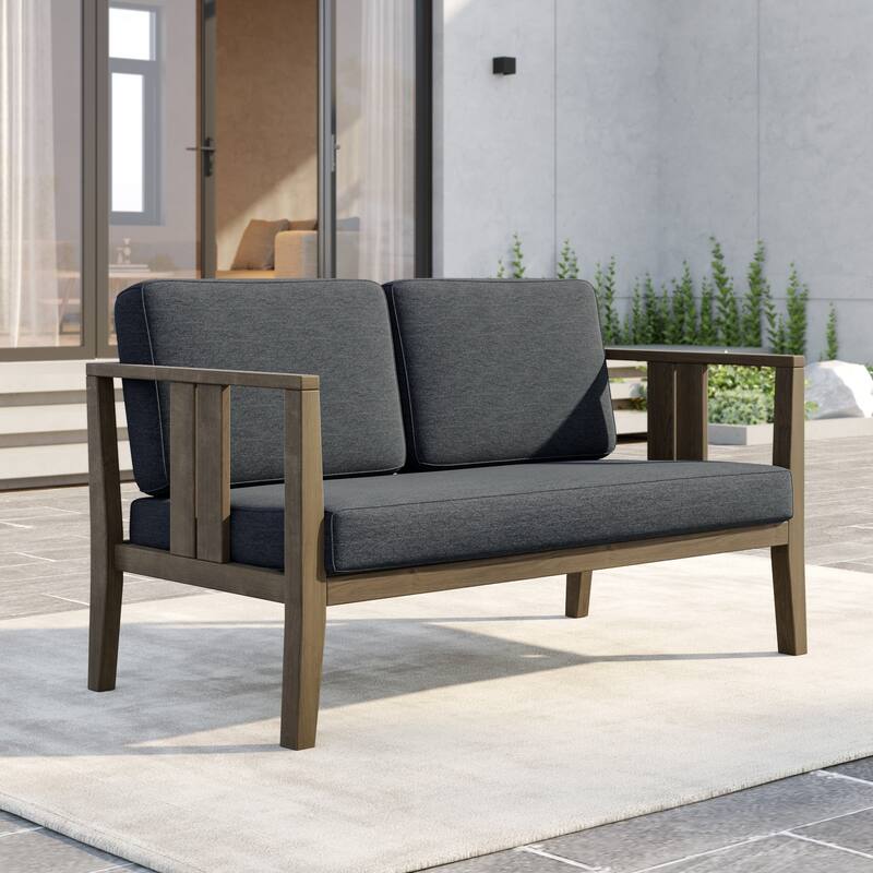 Outdoor Teak Solid Wood Patio Furniture Set Loveseat Armchair Table Collection - Loveseat - Naturalframe-Darkgrey
