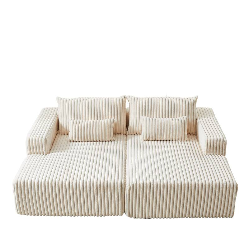 87'' Lounge Chaise Sleeper Sofa - Soft Corduroy Couch with Ottoman Bench and Pillow Support - Beige