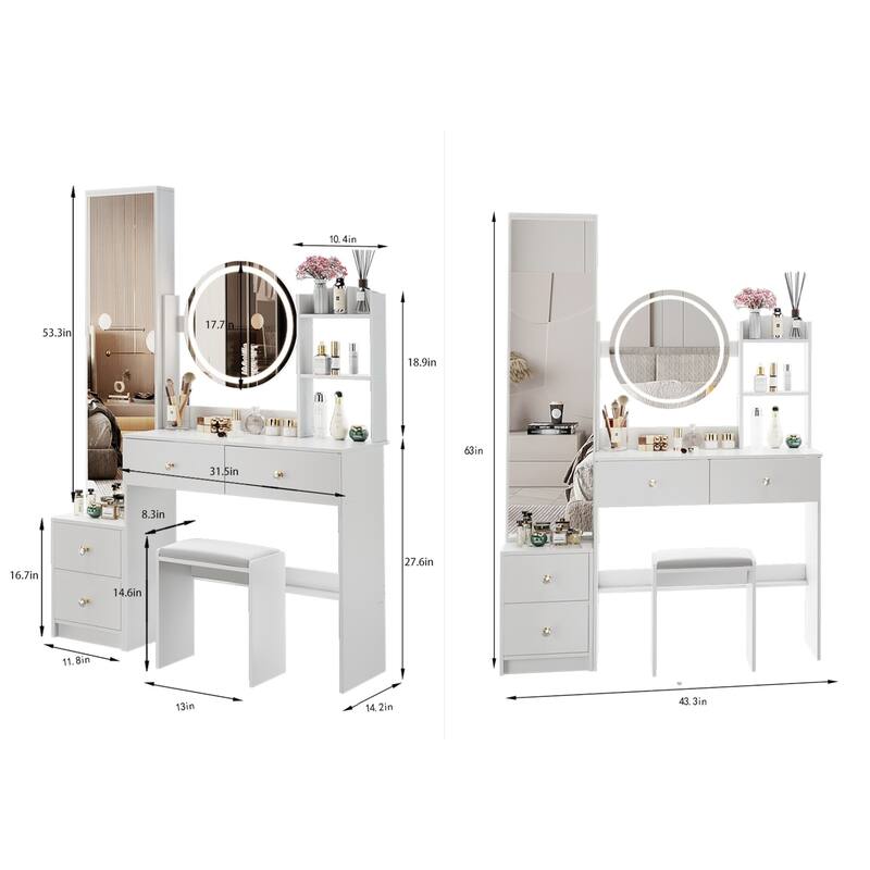 KISRAIS 43.3" Fashion Vanity Desk with Mirror and Lights, 3 Color Lighting Brightness Adjustable