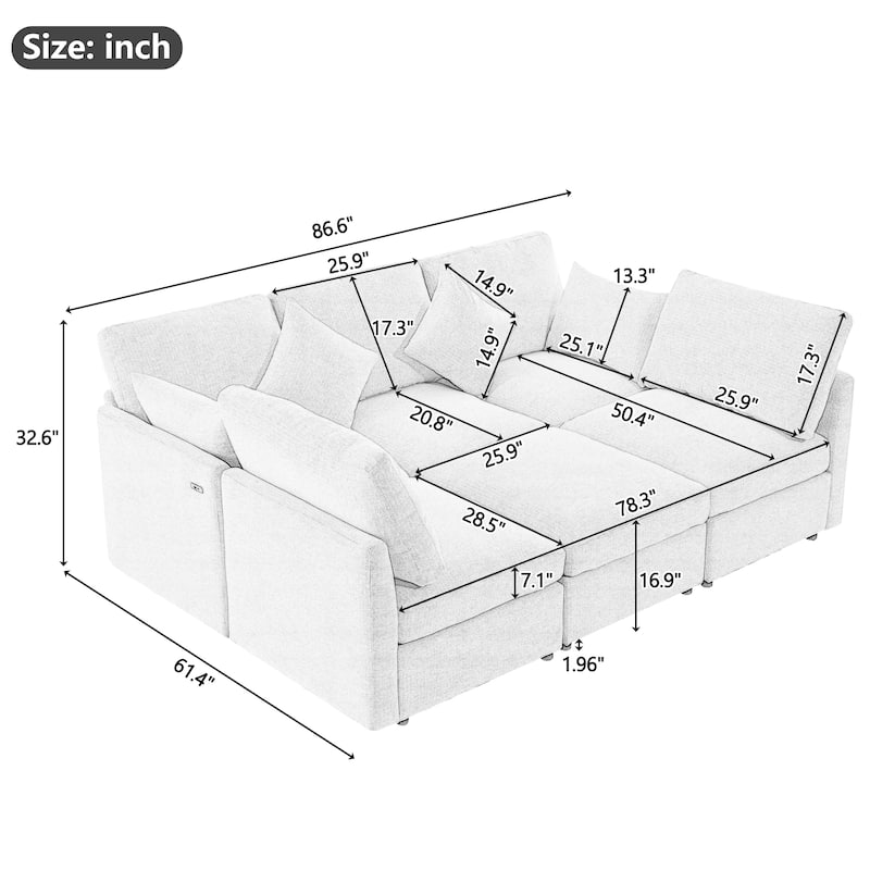 86.6" Modular Sectional Sofa with Ottoman and USB Ports, U-Shaped L-Shape Couch Bed with Chenille Fabric for Living Room