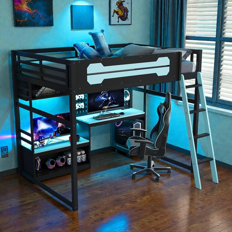 Full Size Wood Loft Bed with Desk, Shelves, LED Lights, USB Ports, Pegboard & Space-Saving Storage Design - Black Blue - Full