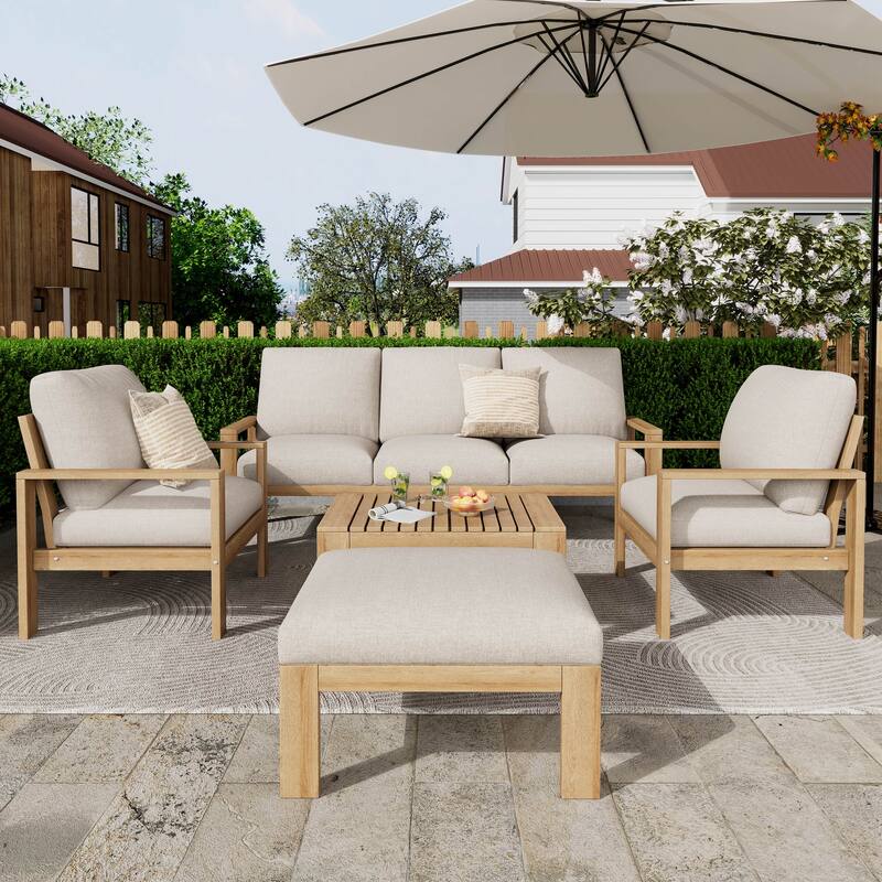 Outdoor Wood Patio Sofa Set with Water-Repellent Cushions, 3-Seater Sofa with Ottoman & Coffee Table