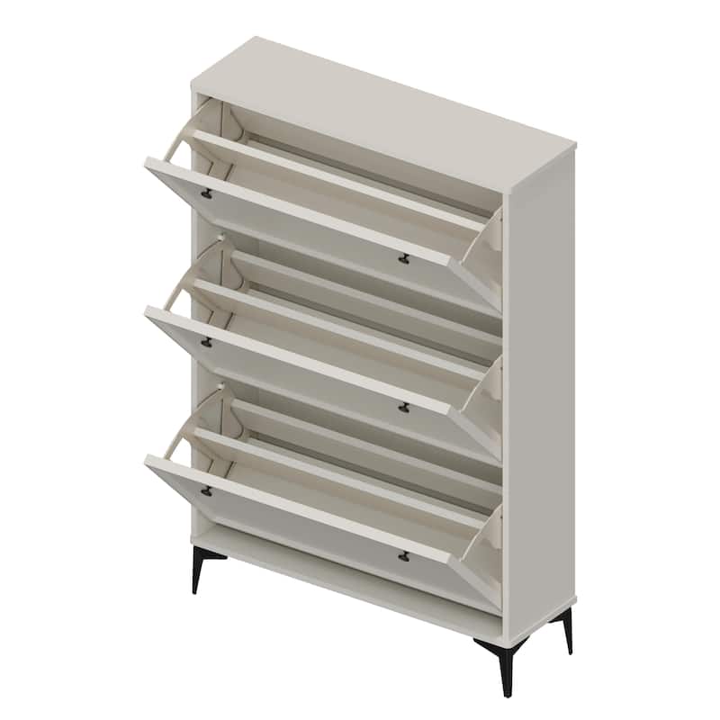 Modern White Shoe Cabinet with 3 Flip Drawers, Narrow Organizer