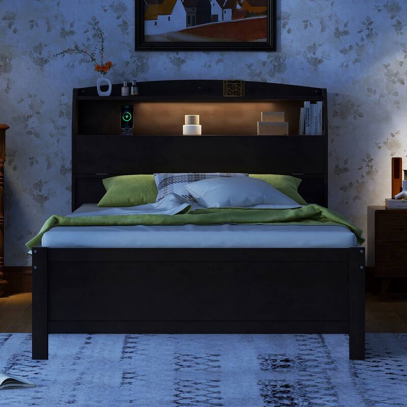 Wooden Platform Bed with Pull Out Trundle Bed and Drawers, All-in-One LED Headboard with Charging Station and Flip Up Storage